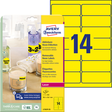 AVERY ZWECKFORM Etiketten 99,1×38,1mm L7263Y-25 gelb 350 Stück
