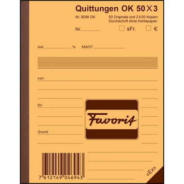 FAVORIT Bloc-notes form. Quittance A6 9098 OK papier autocopiant 50x3 flls.