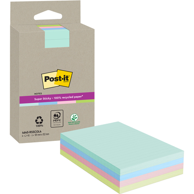 Post-it Super Sticky Recycled Notes Lined 102x152mm 45 Sheets Assorted