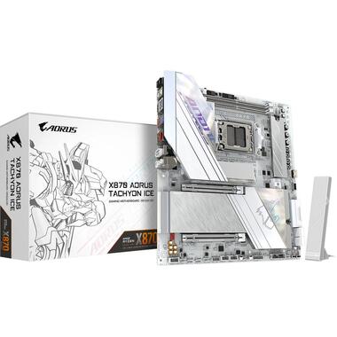 GIGABYTE X870 AORUS TACHYON ICE Carte Mère – Compatible avec les processeurs AMD Ryzen 9000, VRM numérique 18+2+2 phases, jusqu'à 9600 MHz DDR5 (OC), 1 x PCIe 5.0 + 2 x PCIe 4.0, Wi-Fi 7, LAN 5 GbE, USB 4